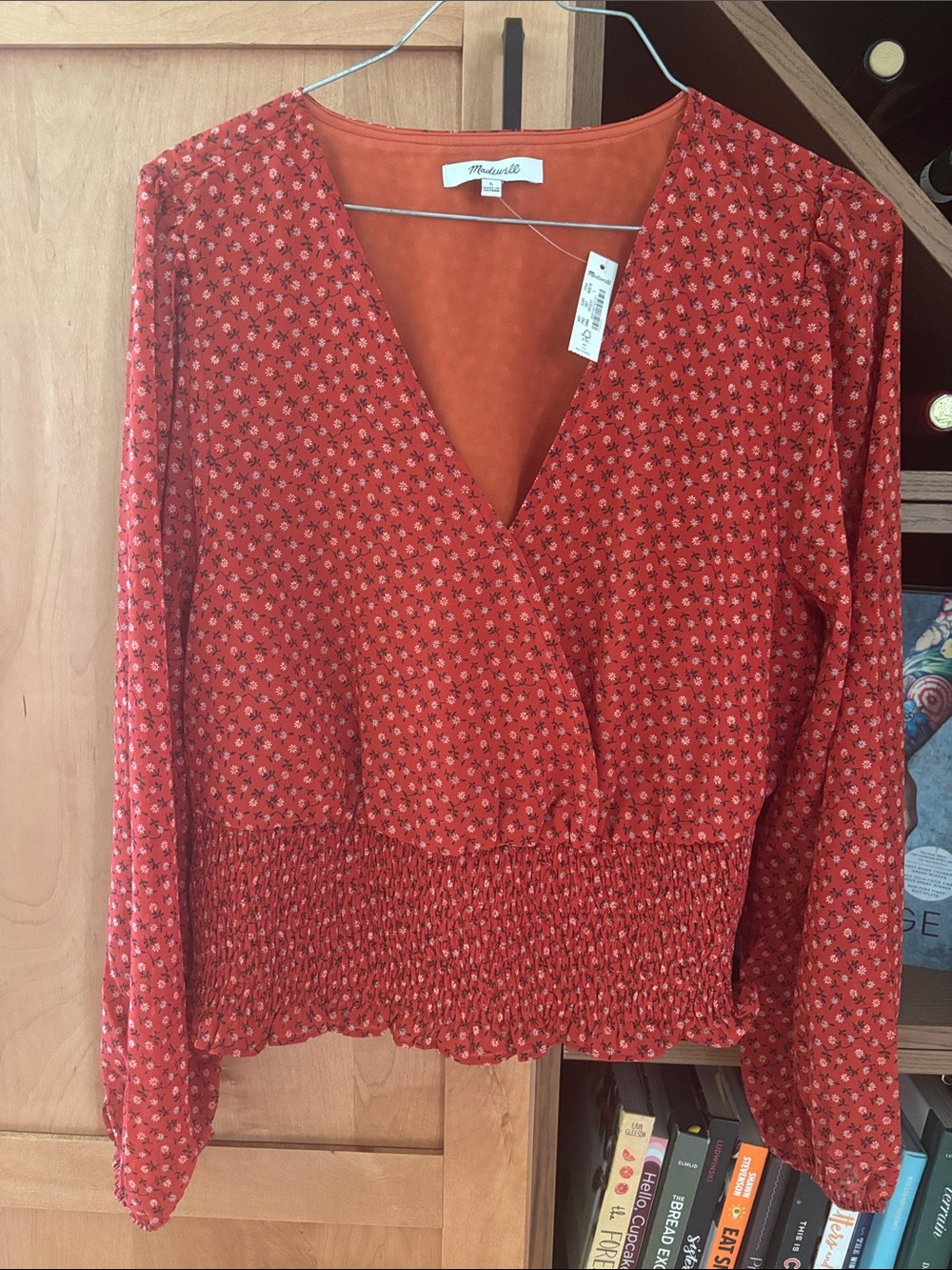 Madewell Rust Red Floral Wrap-Style Smocked Waist Blouse